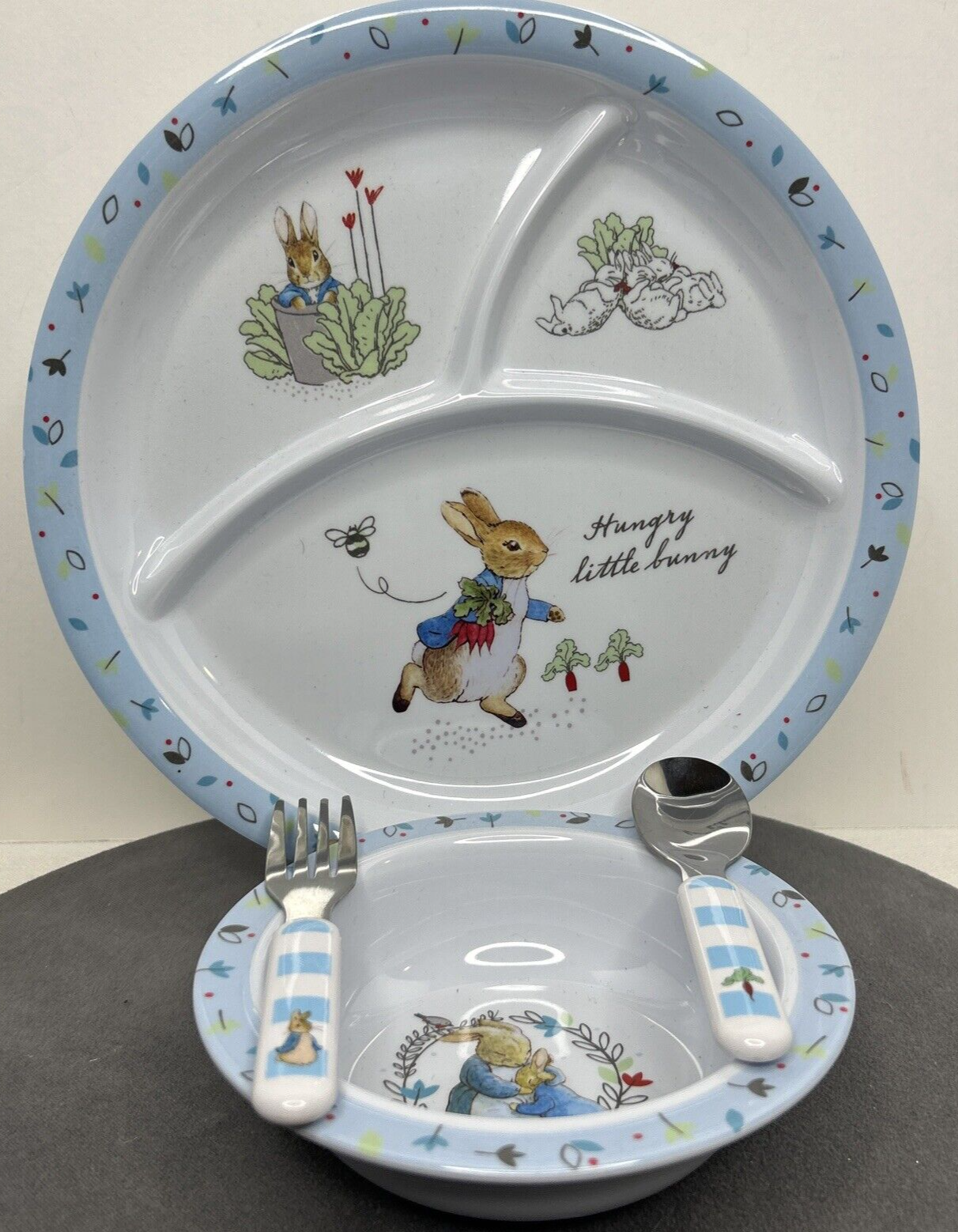 Beatrix Potter Peter Rabbit 4 Piece Child’s Dinner Set ~ Plate, Bowl & Utensils