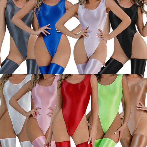 Womens Shiny Spandex Leotard High Cut Thong Bodysuit Swimsuit Playsuits Jumpsuit - Afbeelding 1 van 73