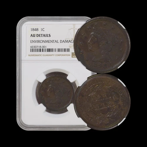 UNITED STATES. 1848, 1 Cent - NGC aUNC - Braided Hair Cent, Large Date