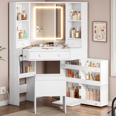 Corner Dressing Table Set with LED Lights, Charging Station, Mirror & Storage Be