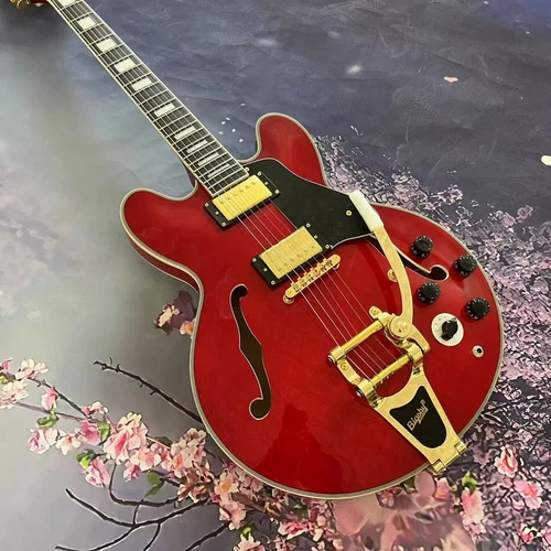 Cherry Red Semi-Hollow Body Electric Guitar ES-335 H-H Pickup Big Vibrato Bridge