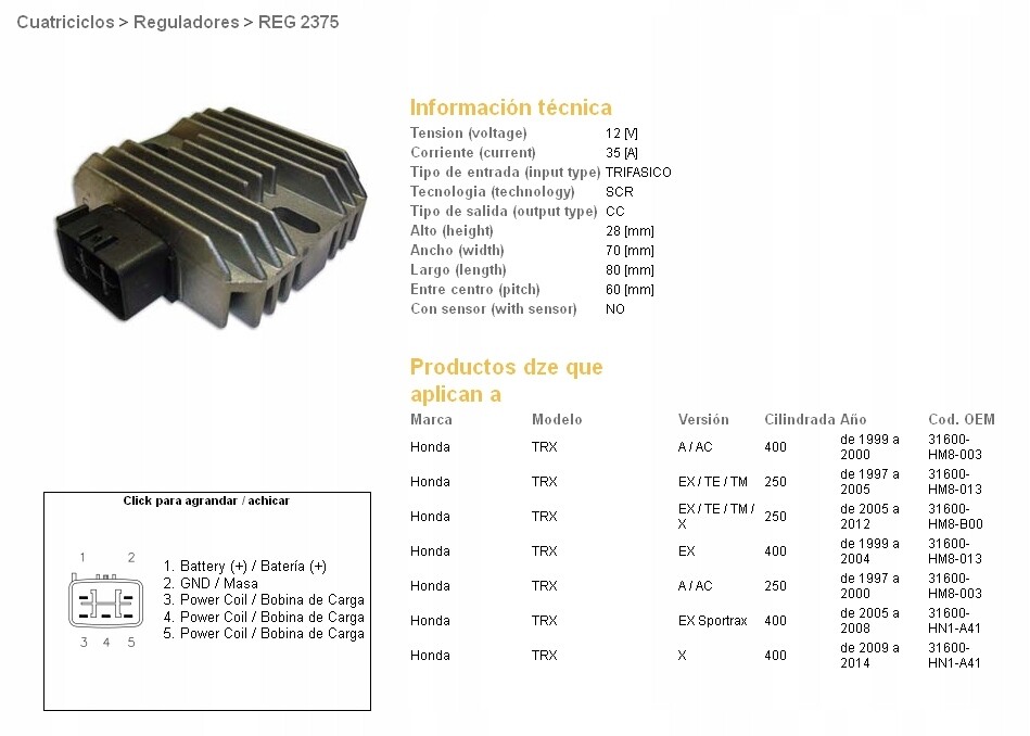 Régulateur de tension DZE pour quad Honda TRX400 EX et TRX250 Recon