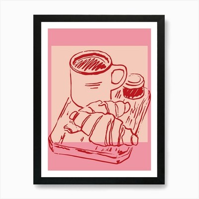 Rosa Kaffee und Croissants Kunst - Br gerahmtes Wandbild Poster Leinwanddruck Bild