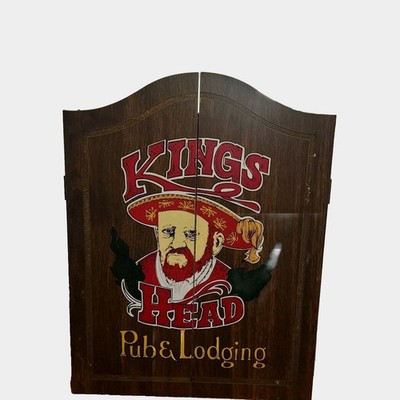 Vintage Kings Head Pub & Lodging Dart Board Cabinet W/ Dart Board And Darts 