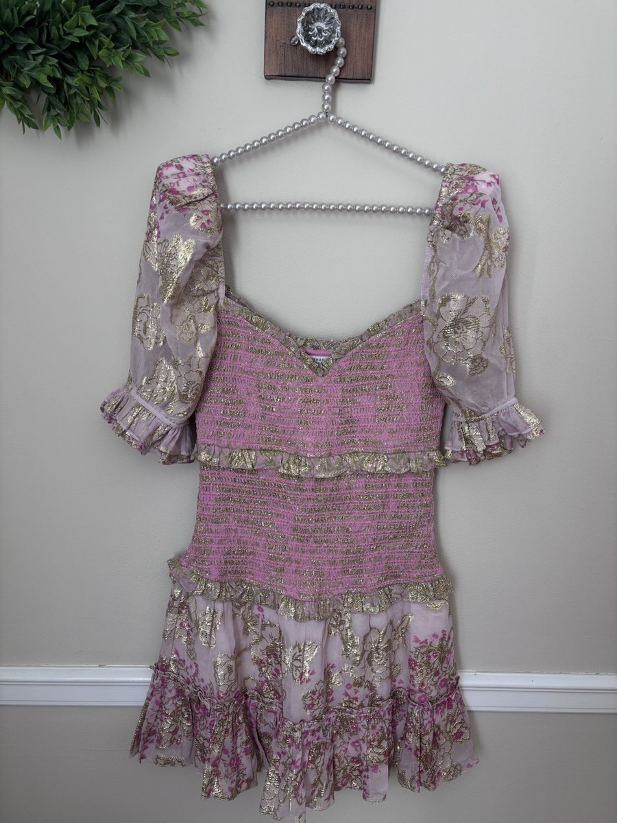 hemant and nandita metallic dress Hemant & Nandita Size Small Pink Gold Metallic Floral Smocked Short Mini  Dress
