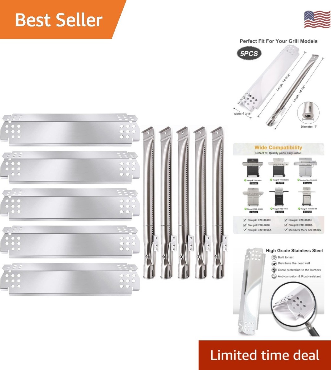 Kit 5 Pezzi Griglia Piastre E Bruciatori In Acciaio Inox Per Barbecue Nexgrill Kenmore Members Mark