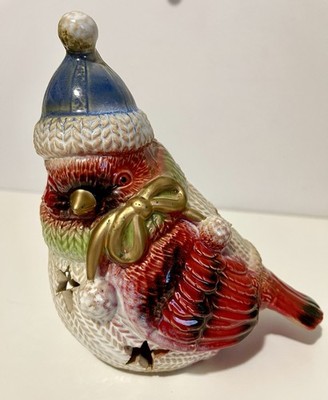 Ceramic Porcelain Bundled Up Winter Christmas Cardinal Votive Holder Figurine