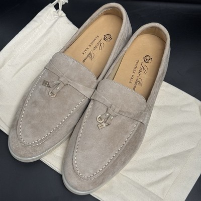 Loro Piana Summer Charms Walk Loafers Womens 38 US 8 Grey Pearl Suede Shoes