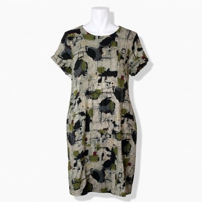 Women s 100% Linen Abstract Print Midi Dress M Pockets Lagenlook Artsy Boho