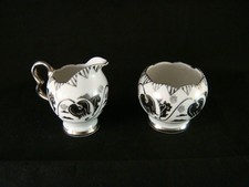 Antique Pair Art Nouveau Silver Overlay Creamer Sugar Hand Painted Porcelain