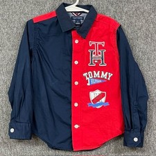 Tommy Hilfiger Shirt Boys 4 Long Sleeve Button Up Colorblock Logo Red Navy