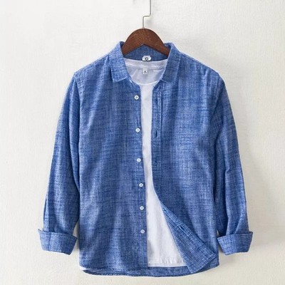 Herren Sommerhemd Simil-Lino Blau Denim Casual Elegant Leicht XH9L2