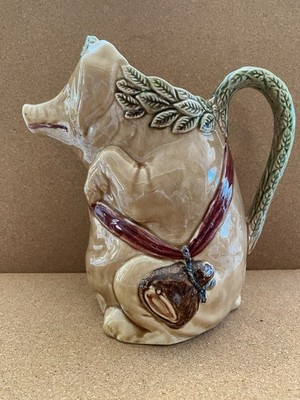 Antique Barbotine Majolica Cochon Au Jambon Pig Pitcher Frie Onnaing France