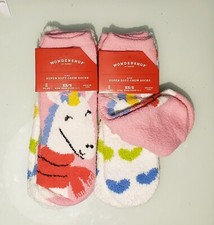 Kids XS/S Shoe Size11-1 4 Pair - 2 Packs of SOFT Unicorn Hearts Crew Socks NEW