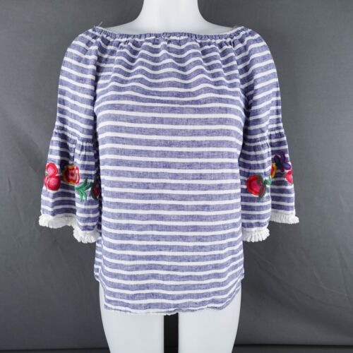 Beach Lunch Lounge Womens Top Small Blue Stripe Coastal Boho Cottage Linen