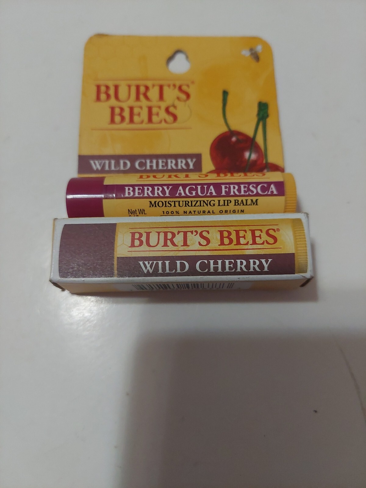 2X Burt's Bees Wild Cherry Moisturizing Lip Balm 0.15oz & Berry Agua