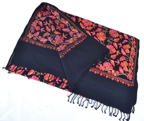 BLACK 100% Cashmere Vibrant Hand Embroidered Floral Scarf Kashmiri Pashmina Wrap - Picture 3 of 6