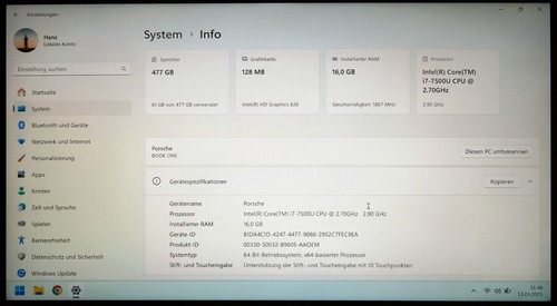 Porsche Design Book One 13,3 Zoll 512 GB, Intel Core i7 Platte 500 GB NVMe 16GB - Imagen 3 de 11