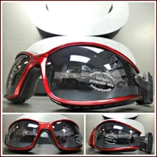 MOTORCYCLE BIKER Day RIDING Padded GOGGLES GLASSES Red & Black Frame with Strap