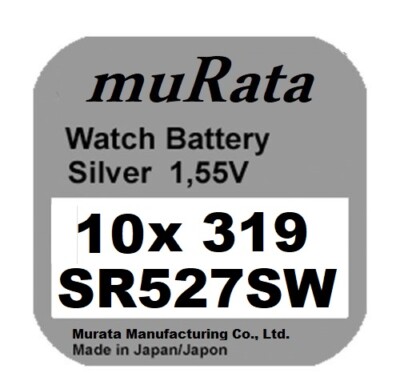 10x Murata/Sony 319 Uhren-Batterie Knopfzelle SR527SW Silberoxid Blisterware Neu