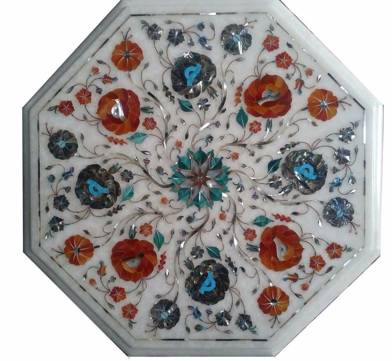 12-inch Floral Inlay Marble Table Top with Semi-Precious Stones for Home Decor