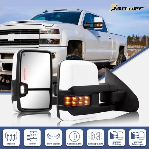 Gloss White Towing Mirrors Smoked For 2014-2018 Chevy Silverado GMC Sierra 1500