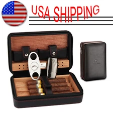 Black Travel Cedar Leather Cigar Humidor Case Box Torch Lighter Cutter Gift Set