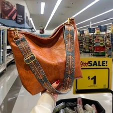 Wide Geometric Strap Bag, Large Capacity Crossbody Bag For Girls-White/Brown