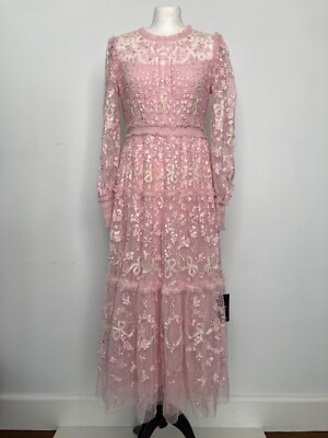 Needle & Thread midi dress UK10 US6 pink pretty embroidered boho wedding guest