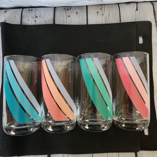 4 Libbey Wavy Banner Flag Tumblers Set Vintage Green Orange Pink Glasses - Picture 2 of 15