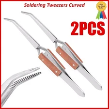2Pcs Fiber Grip Tweezers Cross Locking Reverse Action Curved Tip Stainless Steel