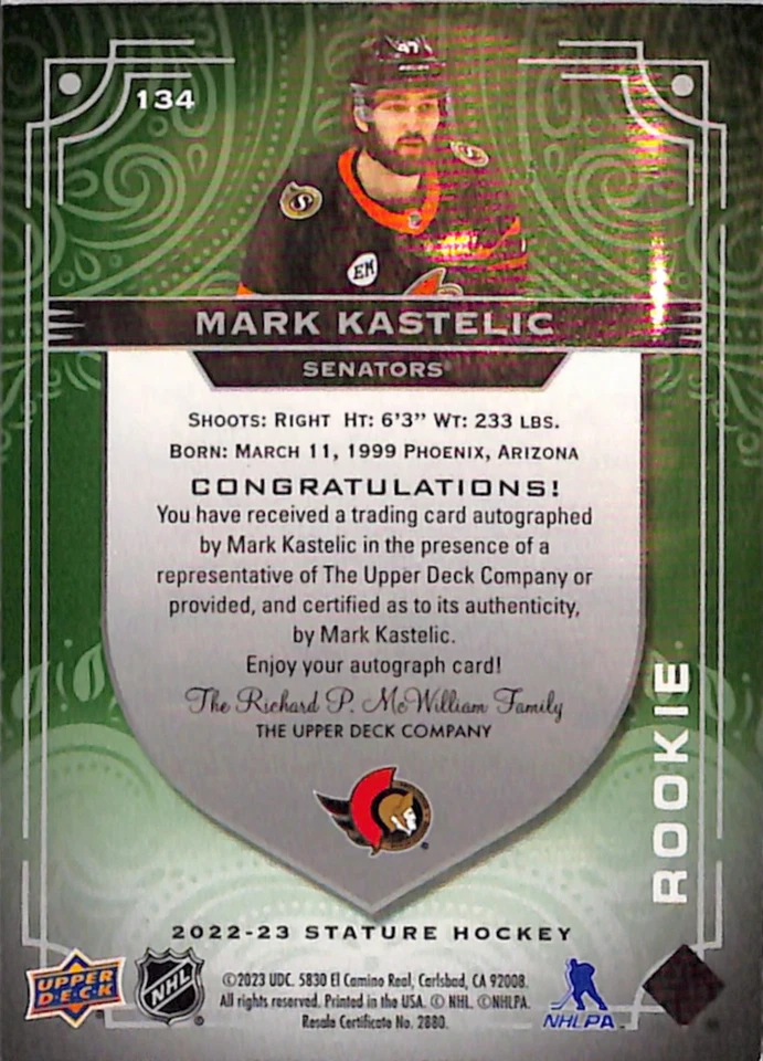 2022-23 Upper Deck Stature Green Ottawa Senators Mark Kastelic RC AUTO #134 /65 - Image 2 of 2