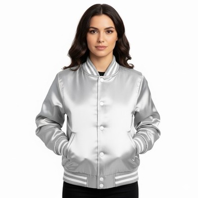Satin Varsity Letterman Jacket Light Grey white trims BomberCollege Retro Jacket