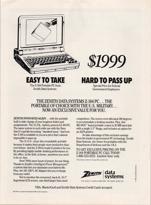 Zenith Data Systems Z-184 Portable PC 1988 Vintage Print Ad 10.5'' LCD