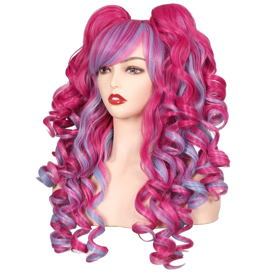 Peluca Cosplay Larga Rizada con 2 Colas de Caballo en Rosa Caliente y Azul - Gorra Ajustable Foto 4 de 4