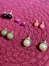 5 Pairs Vintage Button Pierced Post Earrings, Mixed Materials, Colors, and Sizes