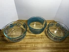 Pyrex Vintage Set of 3 Aqua & Blue Bowls Medallion Pinwheel & Striped Ovenware