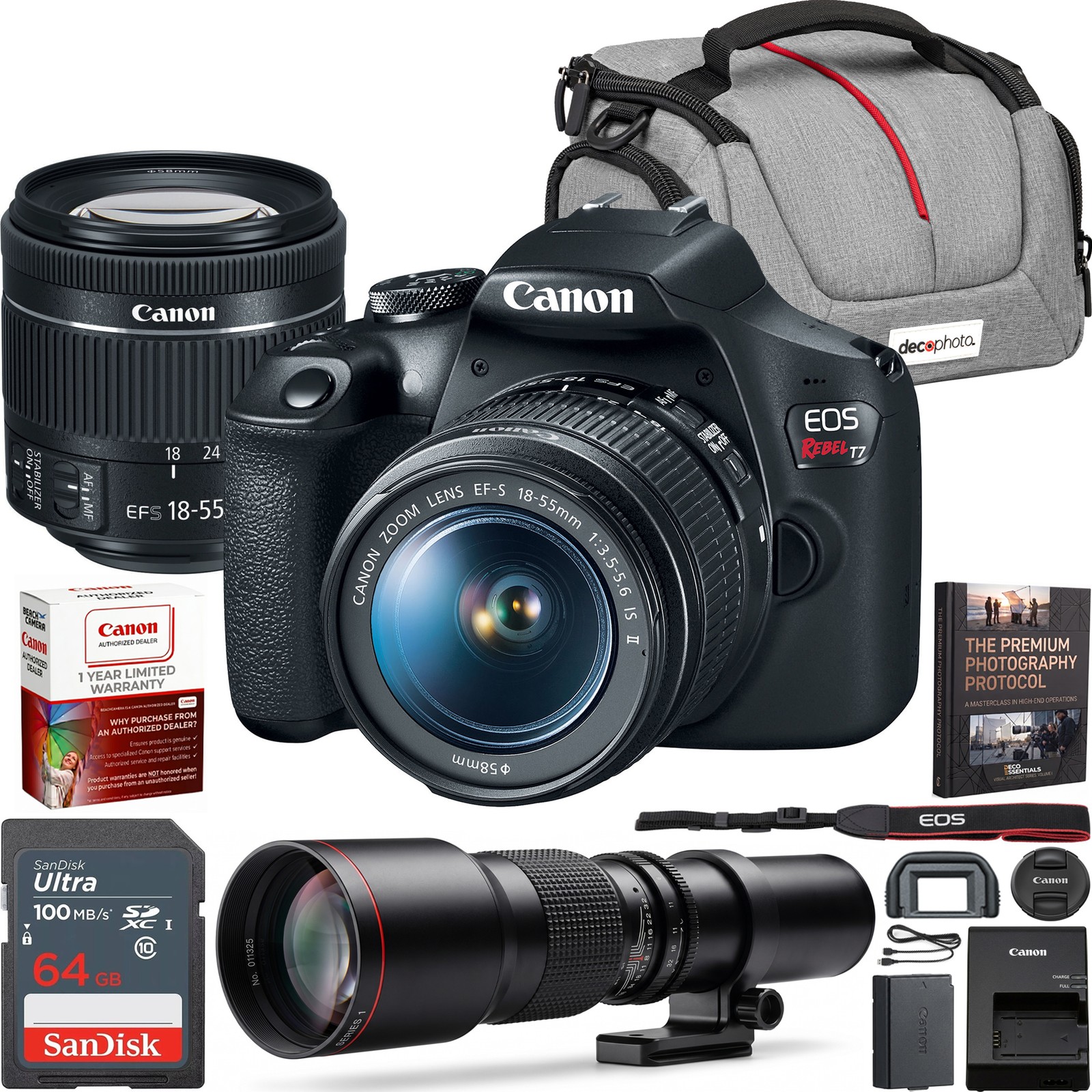 Empowering Solutions Canon T7 EOS Rebel DSLR Camera EF-S 18-55mm IS II + 500mm Telephoto Lens Pro Kit
