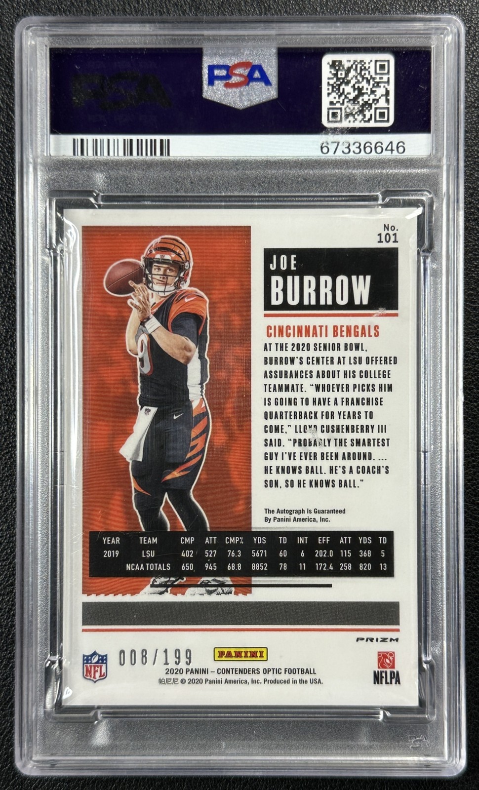 JOE BURROW PSA 10 2020 PANINI CONTENDERS OPTIC #101 ROOKIE TICKET AUTO RED 8/199 view 2