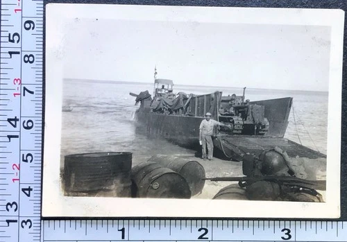 WW2 Beach Landing Craft Ship Bulldozer Heavy Equipment BW Photo Snapshot