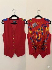 Vtg Escada Red Equestrian Print Vest Sz 36/S Horsebit Luxury Wool Silk Preppy