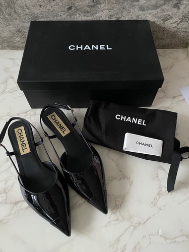 New CHANEL 22K Slingback Heels Shoes Sandals Sandal Slingbacks Black Patent 38