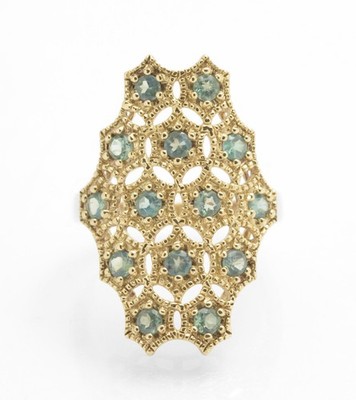 Stilvoller eleganter Ring 9 kt 375 Gold & grüner Saphir besetzt Schild Mesh Set Kopf