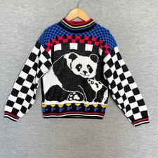 Vintage 80s 90s Girls Kids Panda Sweater Size 8 Made USA Go Knitty Checkered
