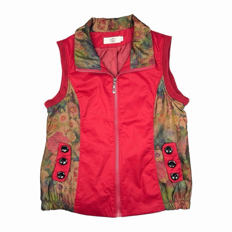 CAbi Women's Red Floral Full Zip Lined Sleeveless Vest Size XL