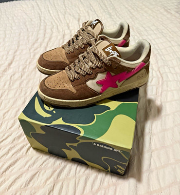 A Bathing Ape Bape Sta Low Top Sneaker Brown/Beige Pink Star Lace Up w/ Box