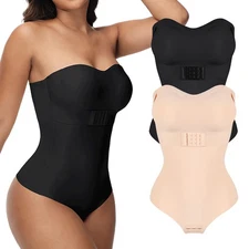 Women Strapless Shapewear Bodysuit Tummy Control Built In Pad Bra Body Shaper