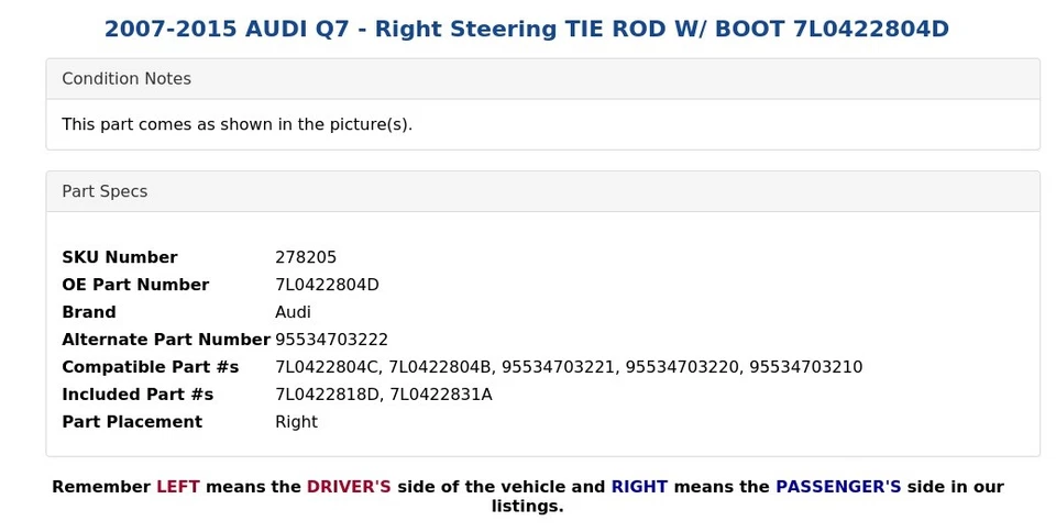 AUDI Q7 2007-2015 - Barra de dirección derecha con maletero 7L0422804D Foto 4 de 4