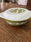 Vtg Olive Green Spring Blossom Pyrex Casserole Dish & Lid 1.5 Qt 043 Crazy Daisy