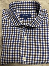 Eton Contemporary Large Short Sleeve Button Shirt In Navy, White and Brown